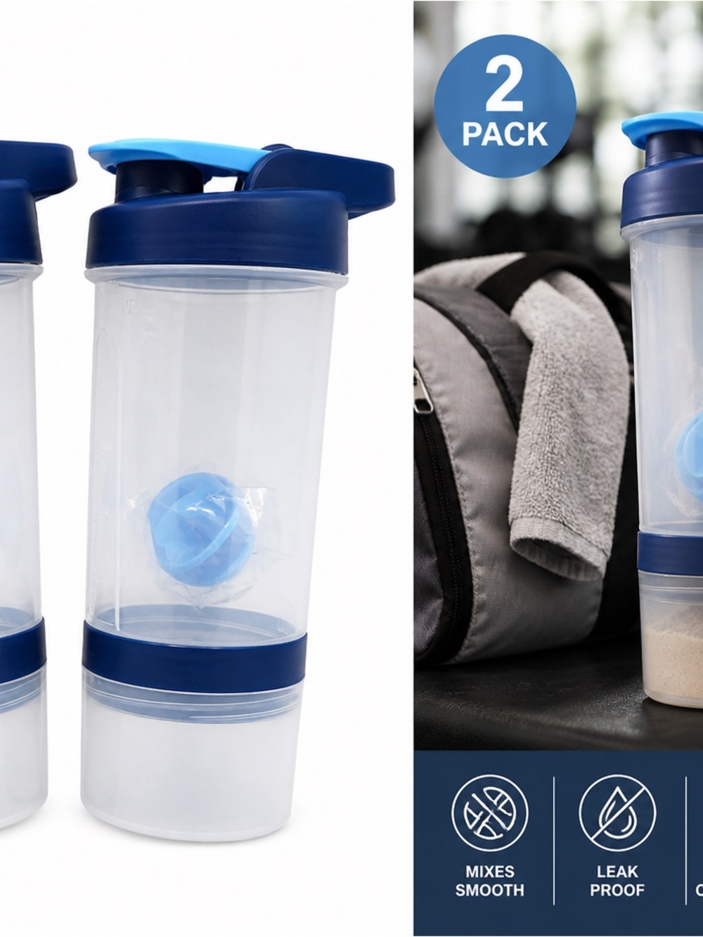 Blue Protein Shaker Bottle with Mixer Ball - 2 Pack